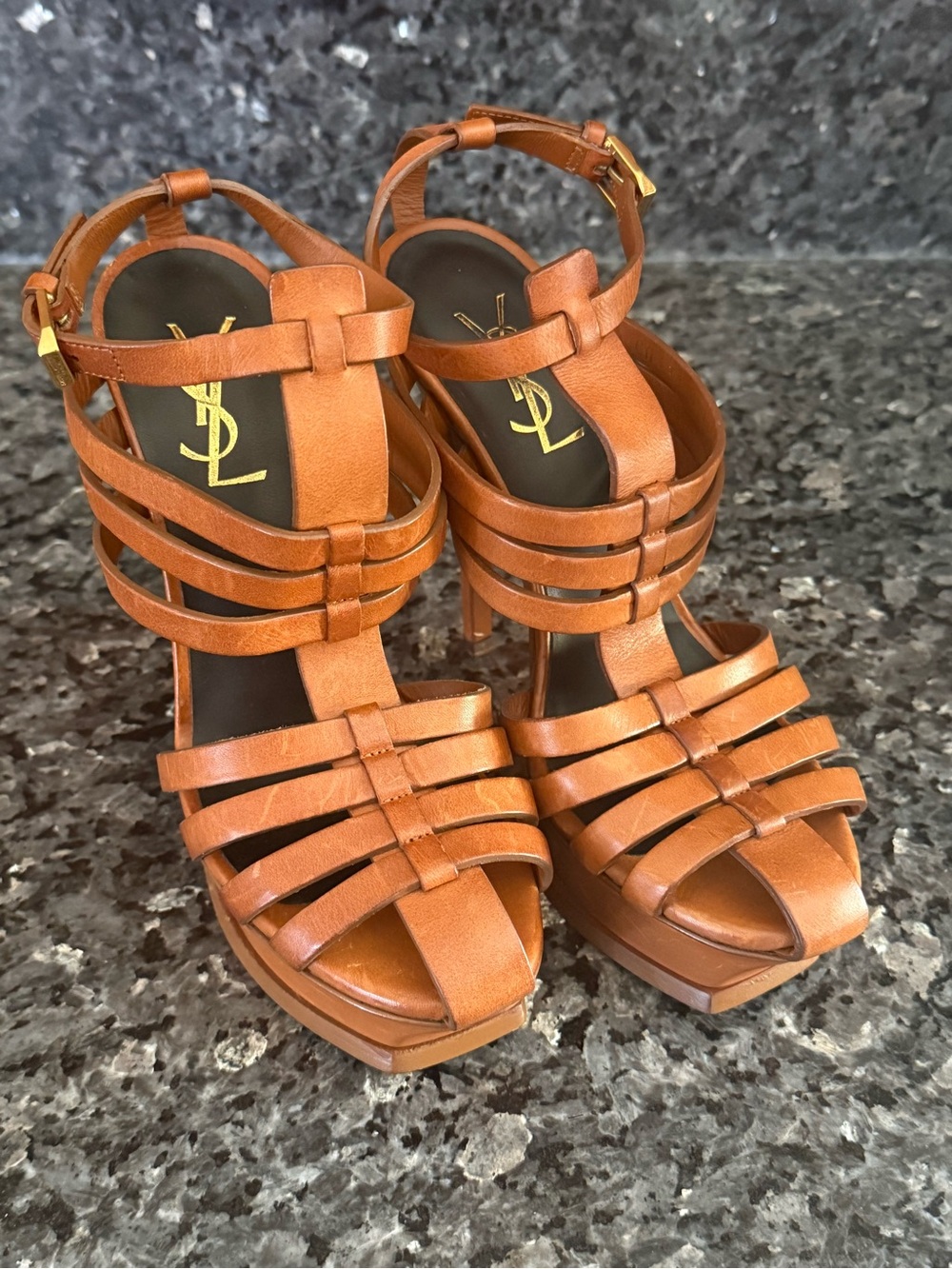 Saint Laurent Cognac Leather Strappy Platform Heels